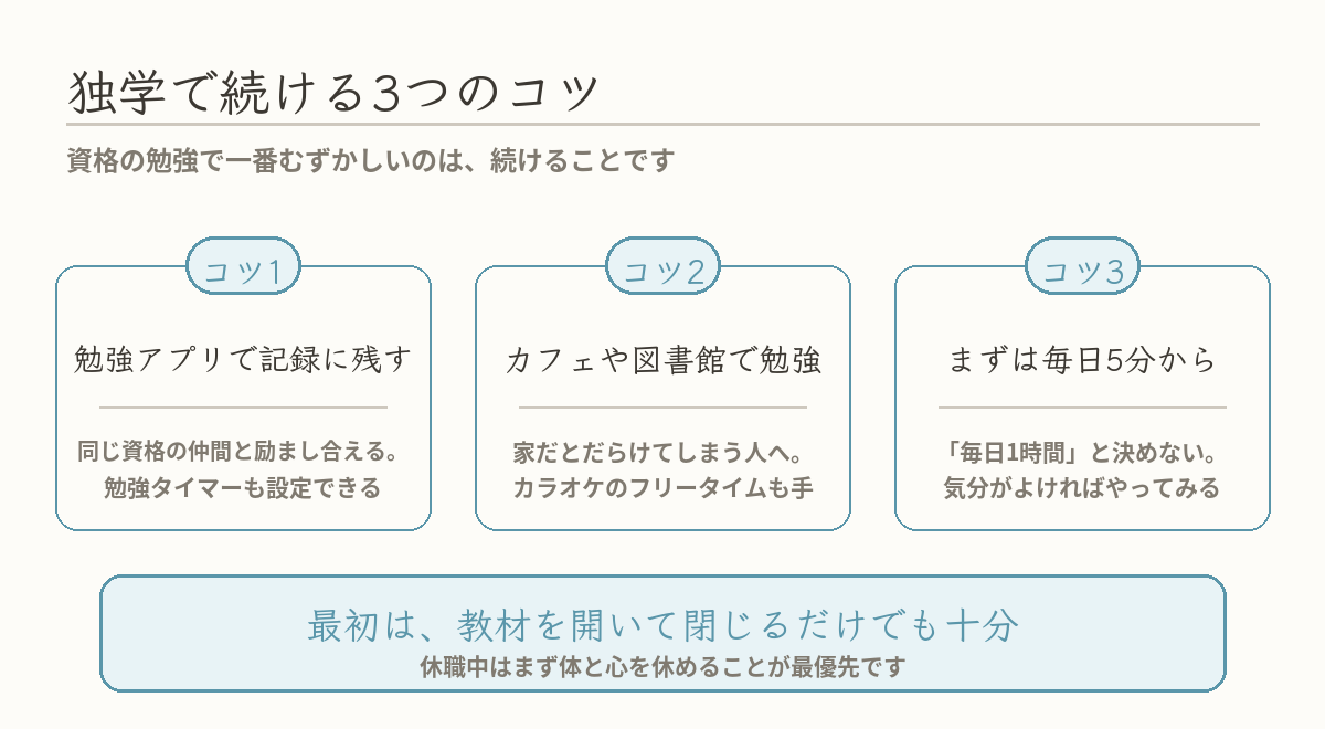独学で資格の勉強を続ける3つのコツの図
