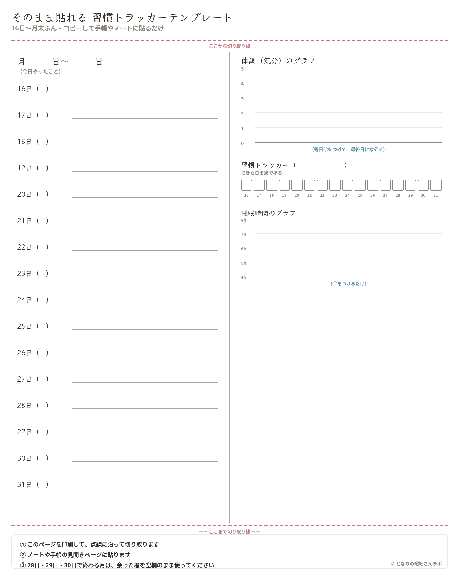 そのまま貼れる習慣トラッカーテンプレート（16日〜月末ぶん）：日付欄・体調グラフ・習慣トラッカー・睡眠グラフの空欄フォーマット。28〜30日で終わる月は余った欄を空欄のまま使う